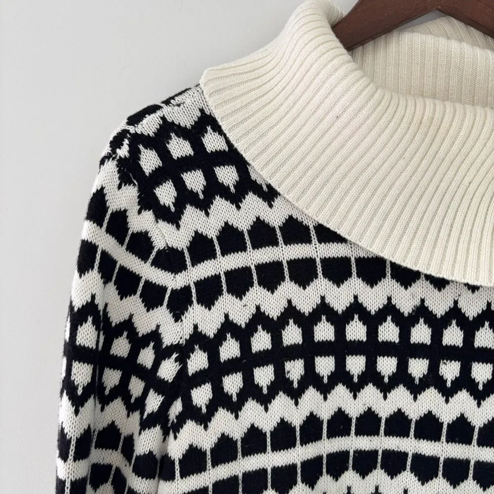 Talbots Petites Black White Geometric Knit Funnel Neck Button Sweater XLP